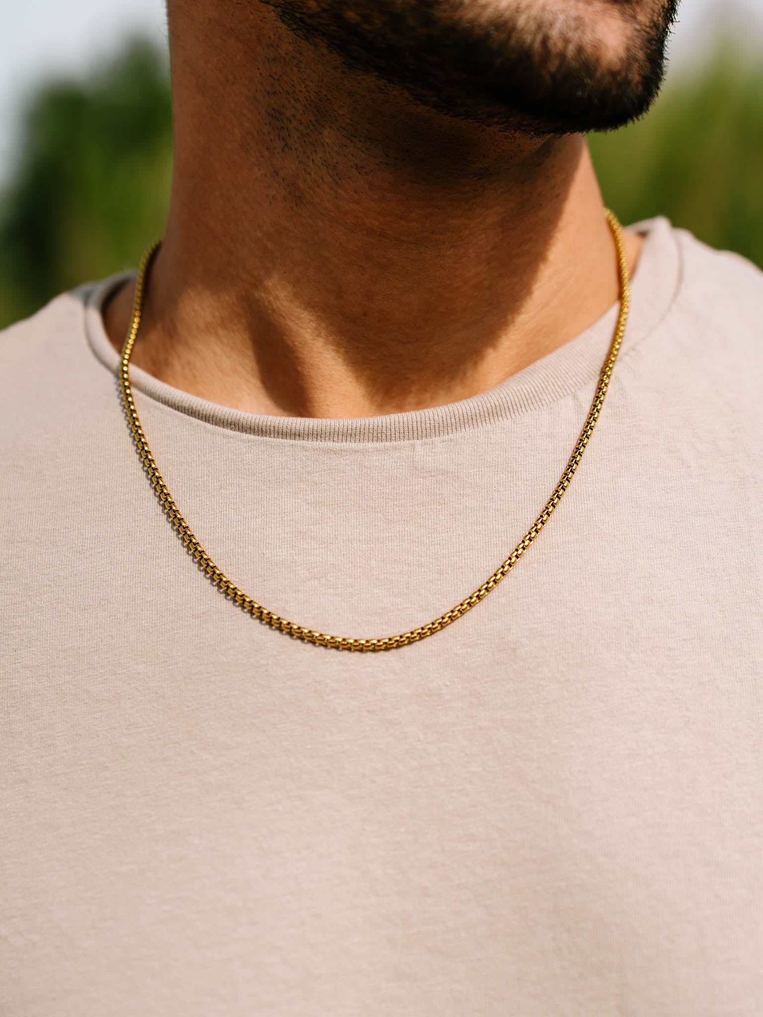 שרשרת Neptune זהב על צוואר של גבר, צילום תקריב מהצד.