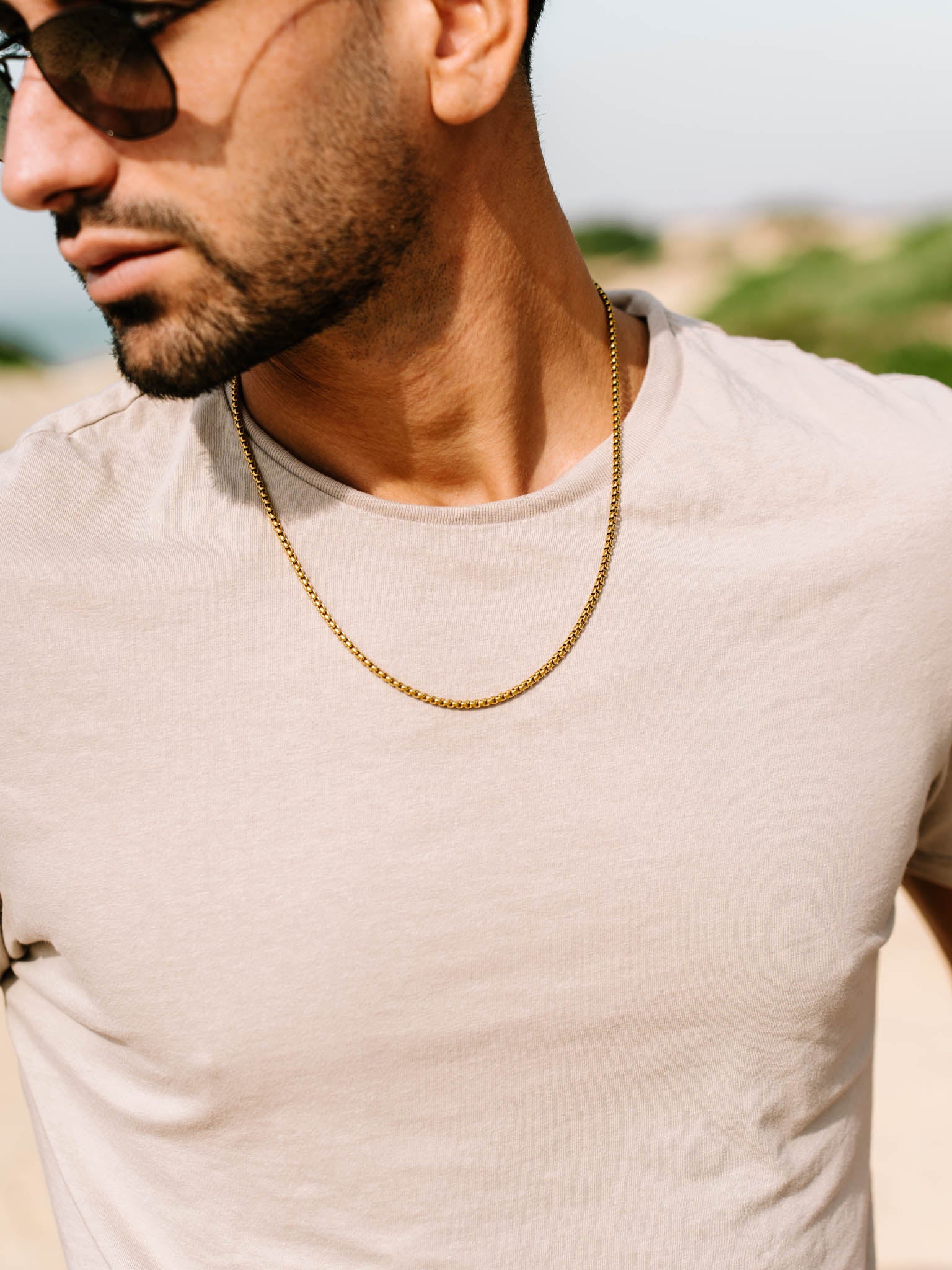 שרשרת Neptune זהב על גבר בחולצת טי בהירה, צילום חוץ.