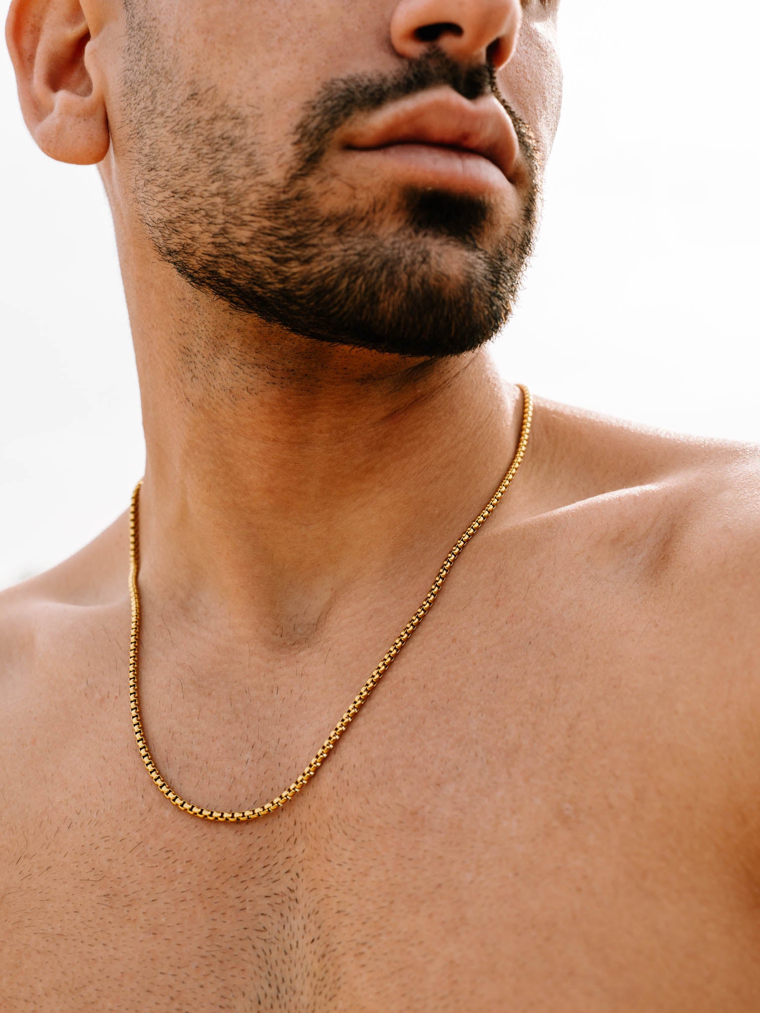 שרשרת Neptune זהב על צוואר של גבר ללא חולצה, צילום תקריב.