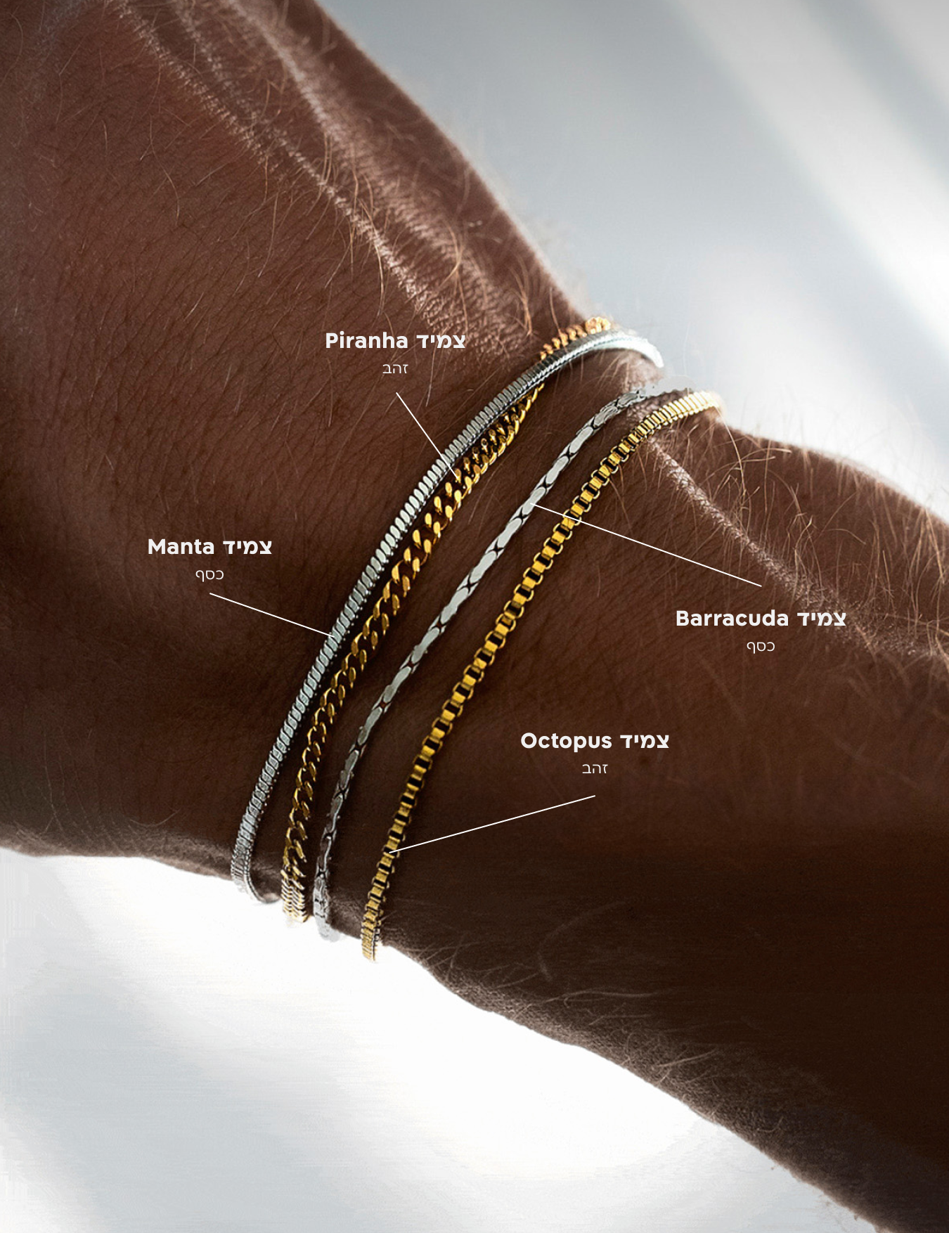 פירוט סט צמידי NERO: צמיד Octopus זהב (1.8 מ"מ), צמיד Manta כסף (1.4 מ"מ), צמיד Piranha זהב (1.6 מ"מ) וצמיד Barracuda כסף (1.3 מ"מ) בגימור מבריק.