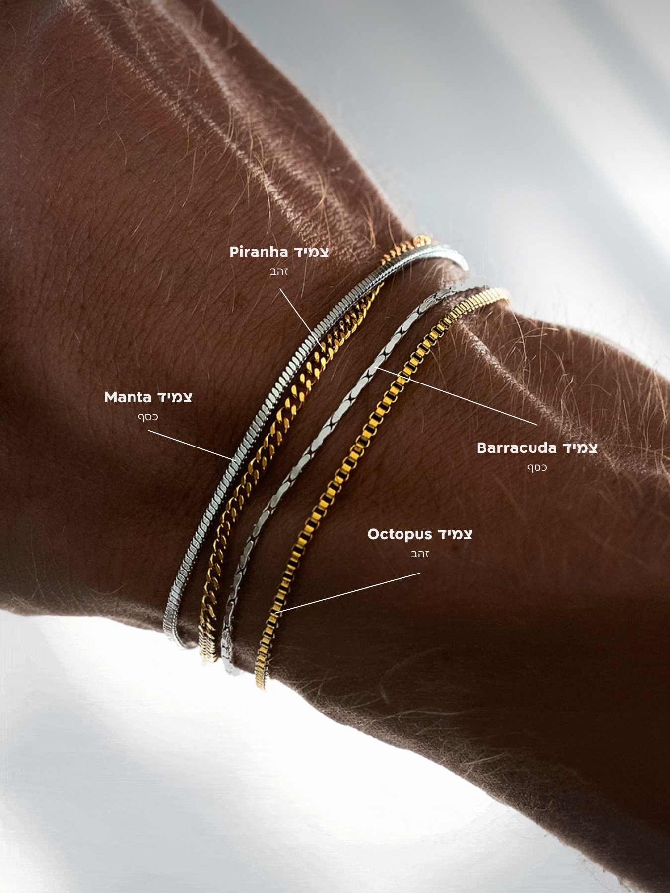 פירוט סט צמידי NERO: צמיד Octopus זהב (1.8 מ"מ), צמיד Manta כסף (1.4 מ"מ), צמיד Piranha זהב (1.6 מ"מ) וצמיד Barracuda כסף (1.3 מ"מ) בגימור מבריק.