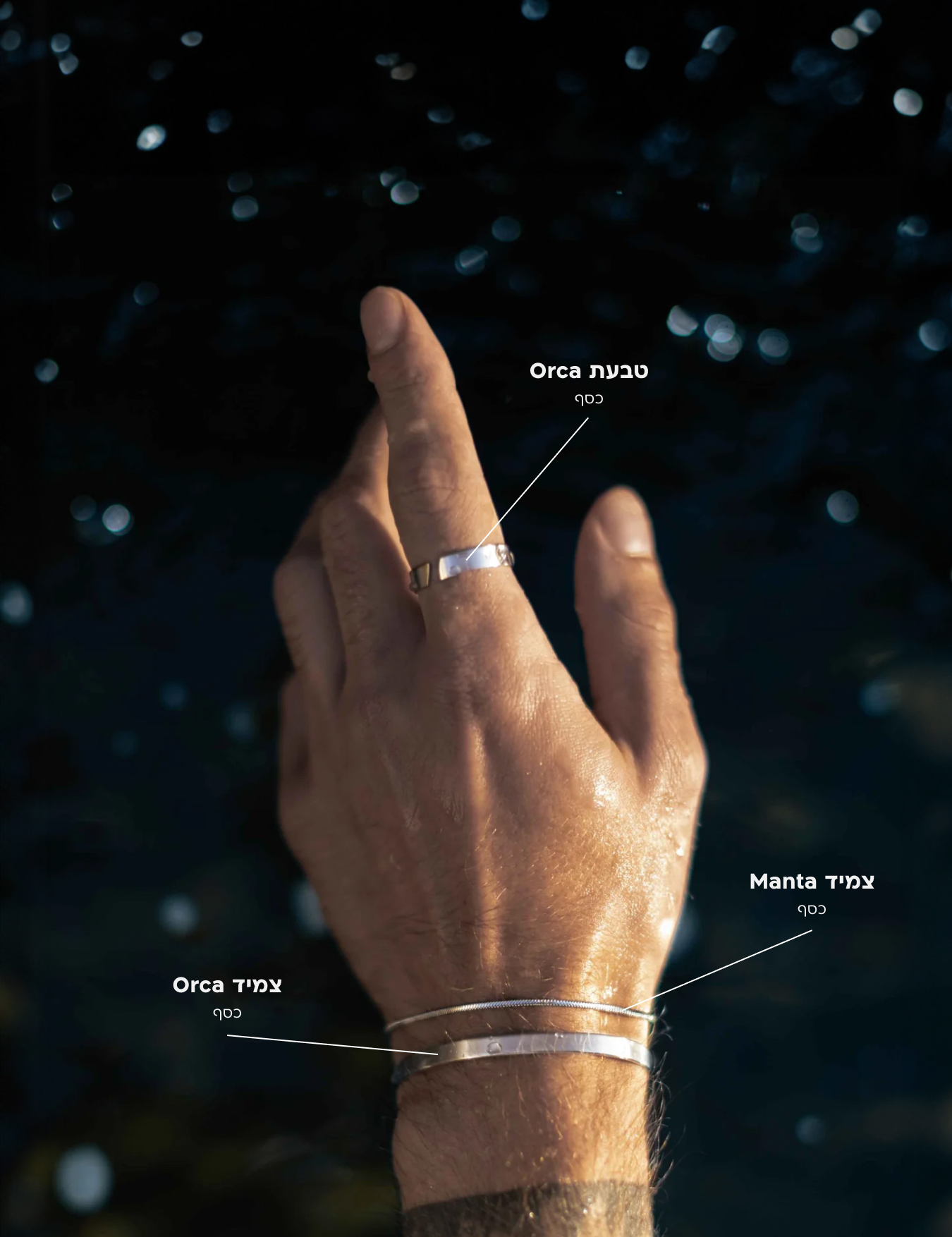 תמונה תקריב על יד גברית עונדת את סט Manta + Orca: צמיד כסף אורקה, צמיד מנטה דק וטבעת כסף מבריקה, על רקע כחול עמוק.