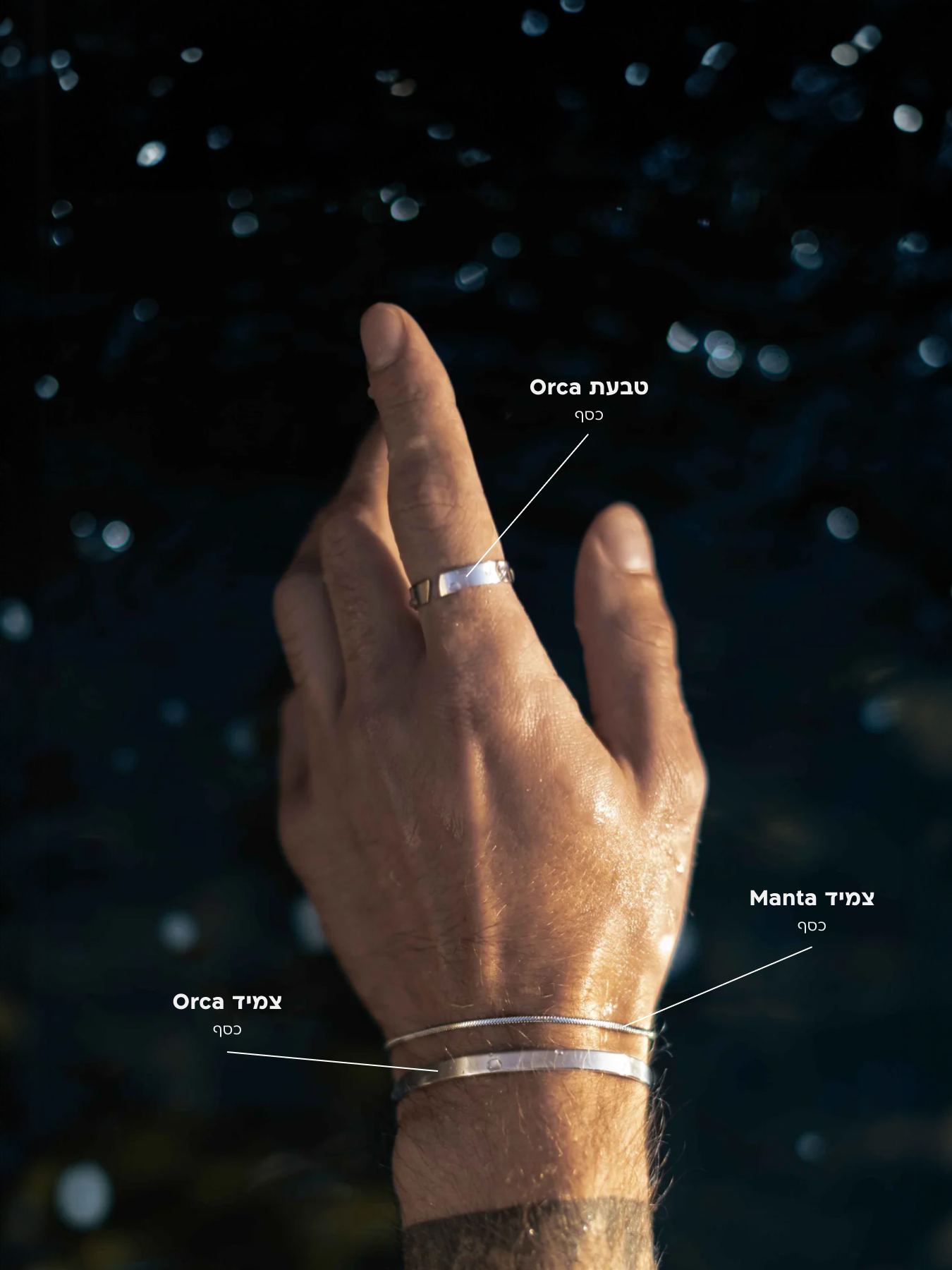 תמונה תקריב על יד גברית עונדת את סט Manta + Orca: צמיד כסף אורקה, צמיד מנטה דק וטבעת כסף מבריקה, על רקע כחול עמוק.